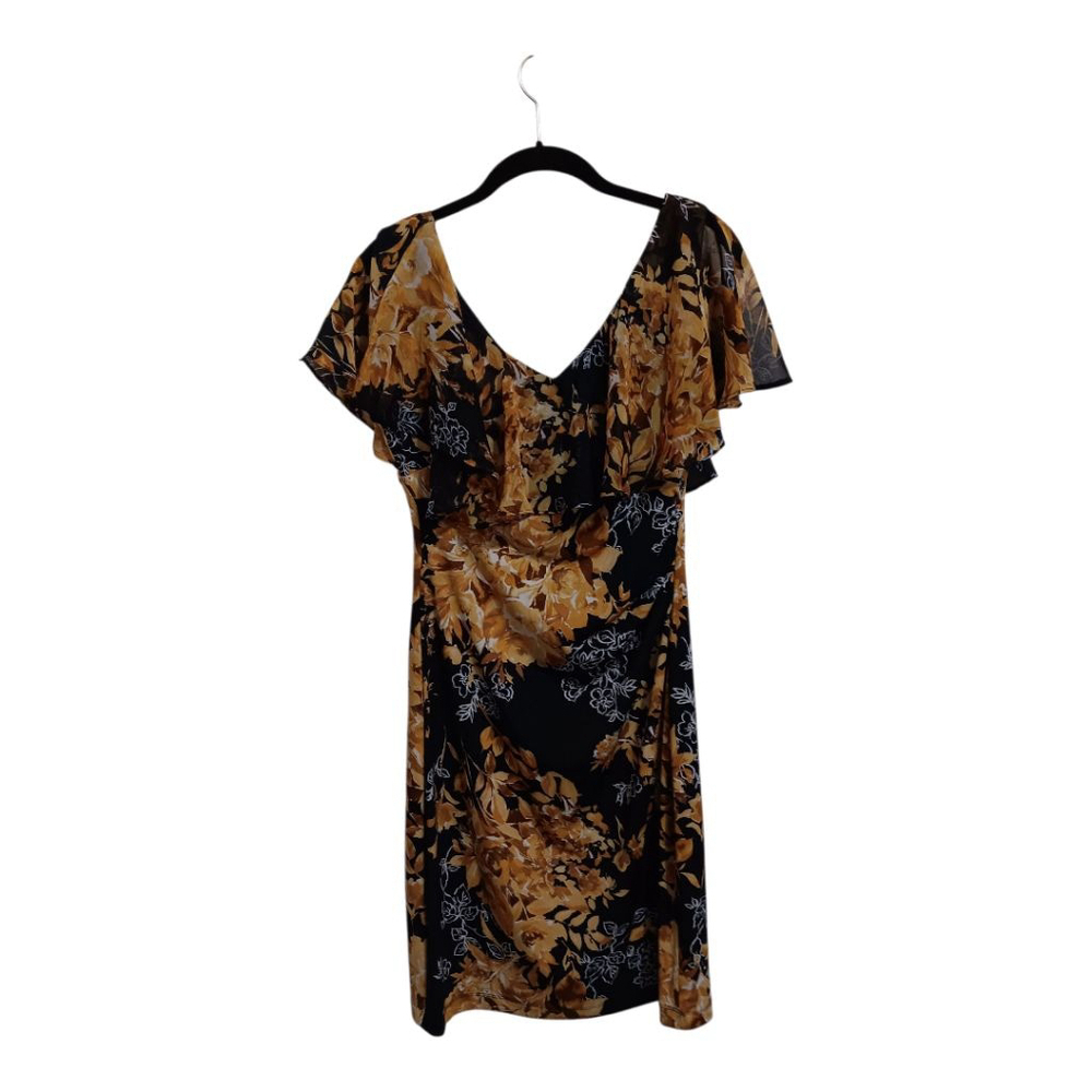Connected Apparel Floral Chiffon Fress in Nlack & Yellows with Flowy Cape Ruffle